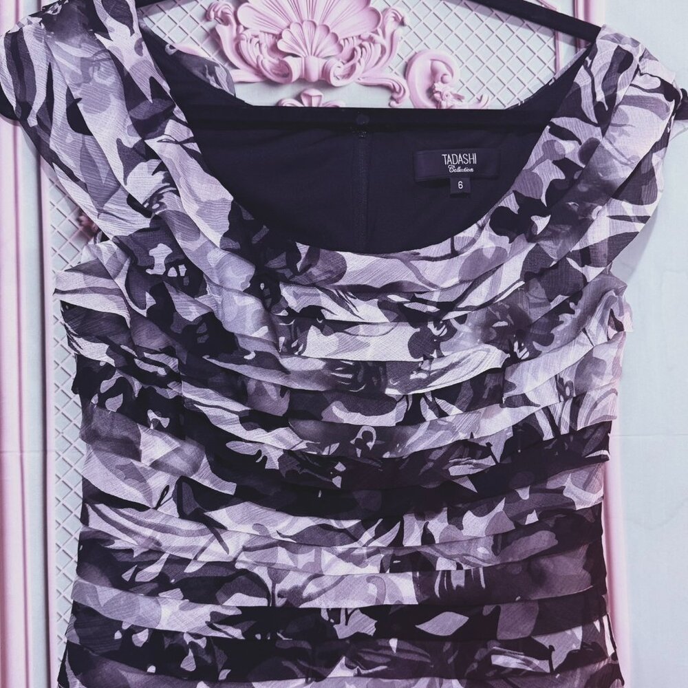 Tadashi Shoji Ruched Floral Mesh Blouse Sz 6 | Black & Gray Evening Top